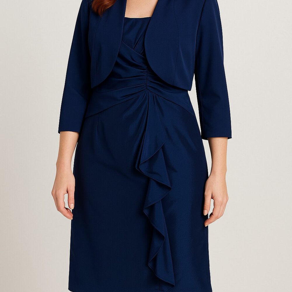 R & M Richards 2-Piece Set Dress with Matching Bolero 14 Blue Formal Cocktail